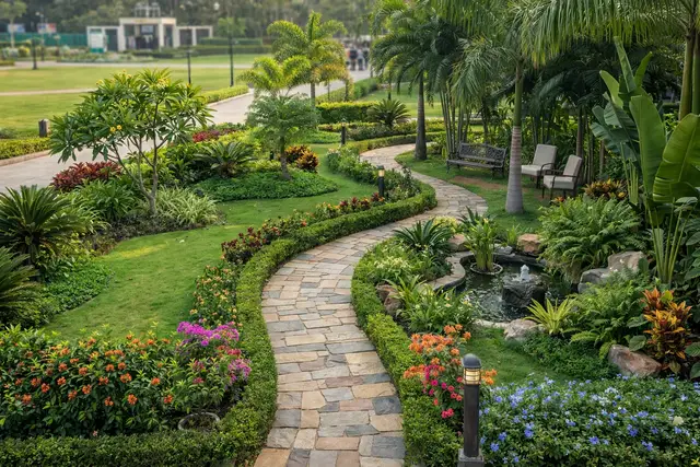 Landscaped garden pathway at L&T Realty Jakkur