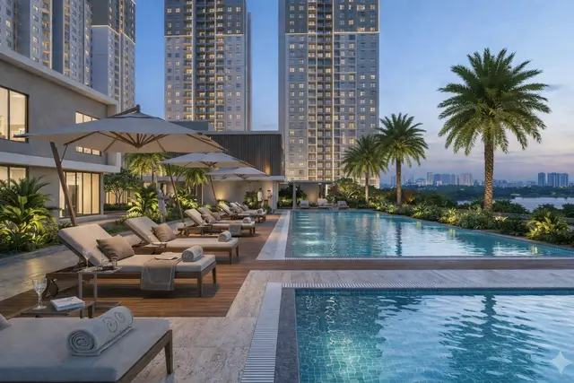 Pool deck and leisure zone at L&T Realty Jakkur